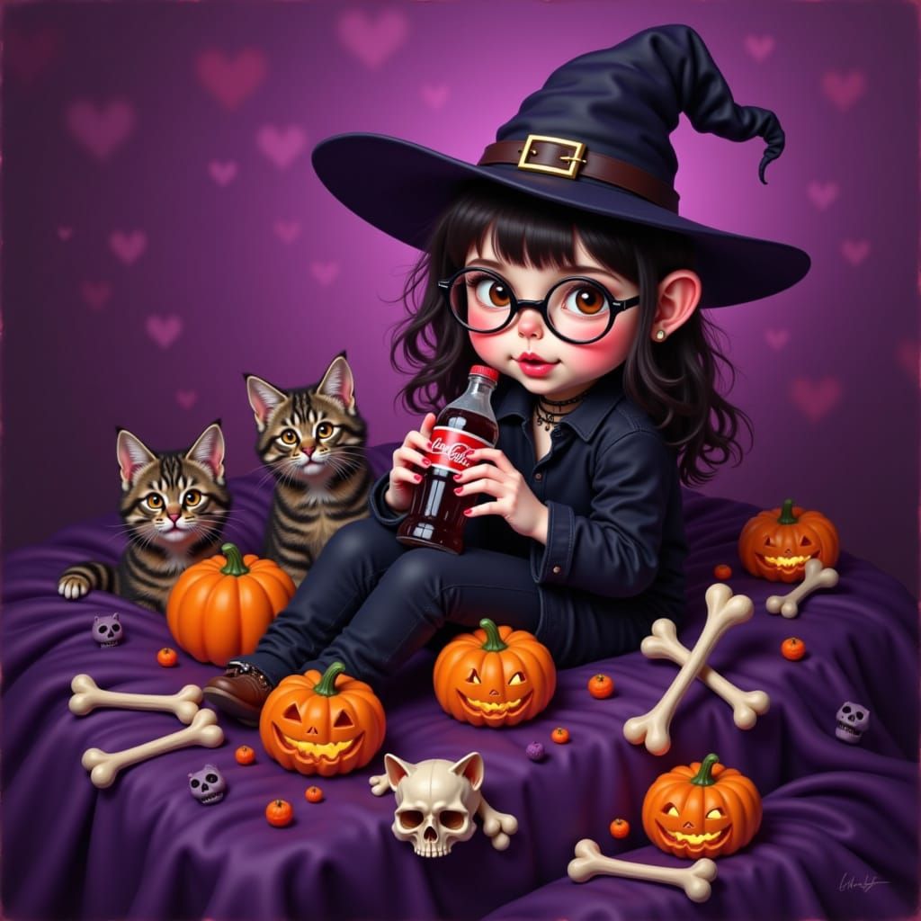 Cute Goth Witch and Cat on Bone Bed