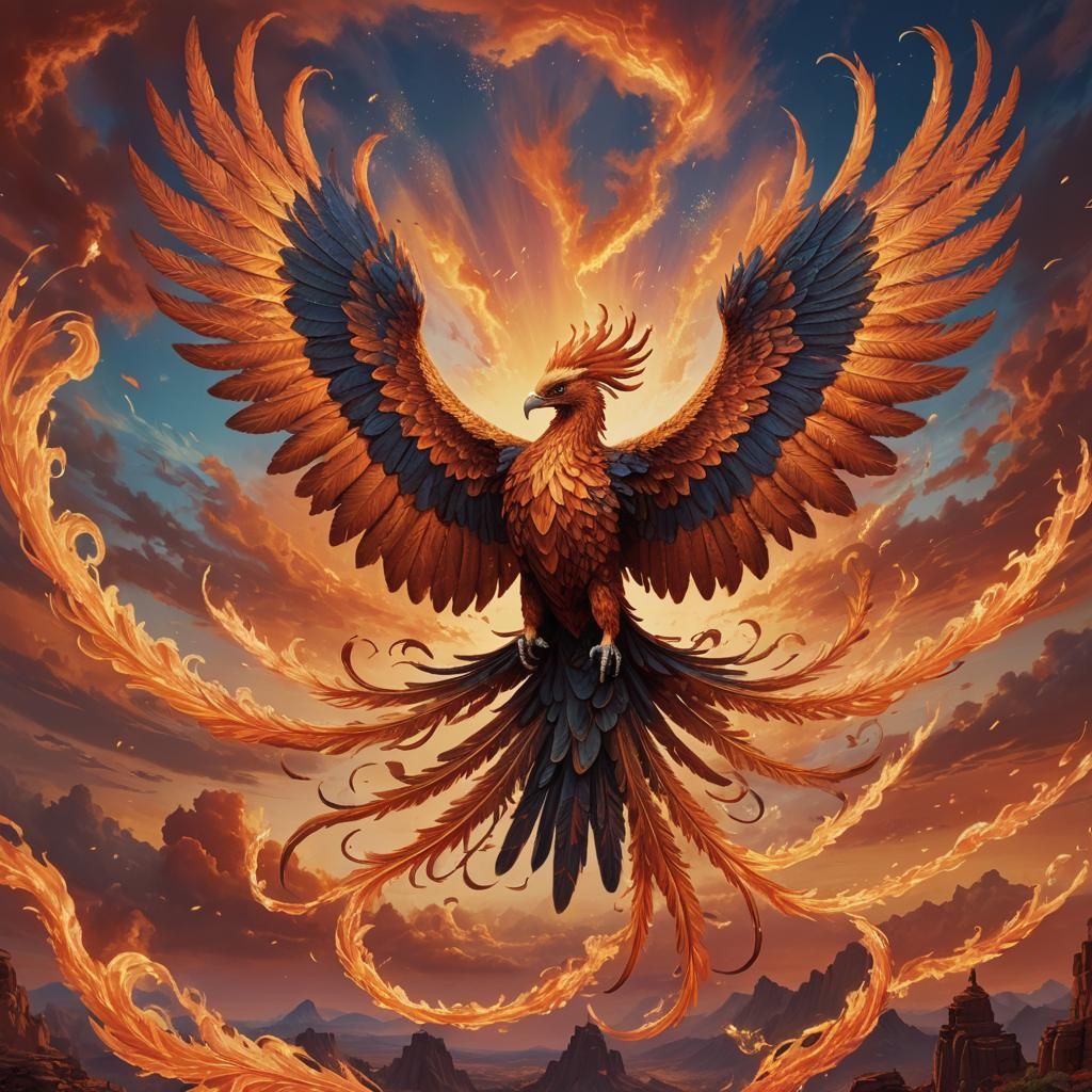 Phoenix with Spear in Fiery Sky, Fantasy Art