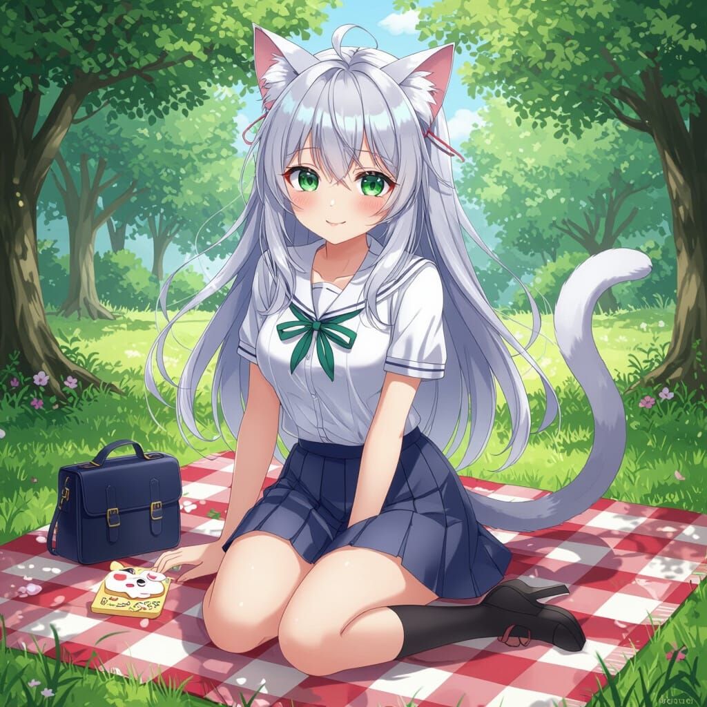 Anime Cat Girl on Picnic Blanket - Fantasy Art