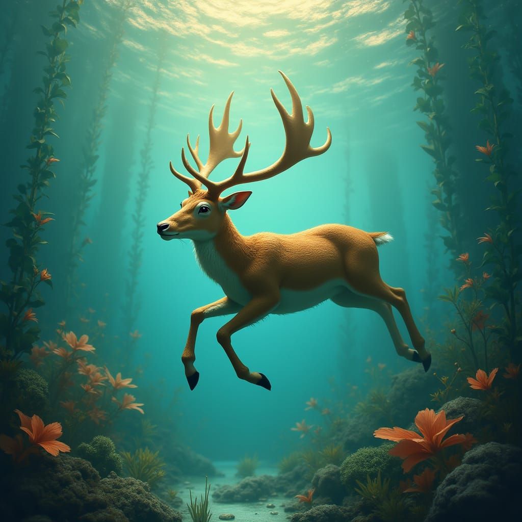 Mystical Deer Underwater in Dreamy Digital Art Style