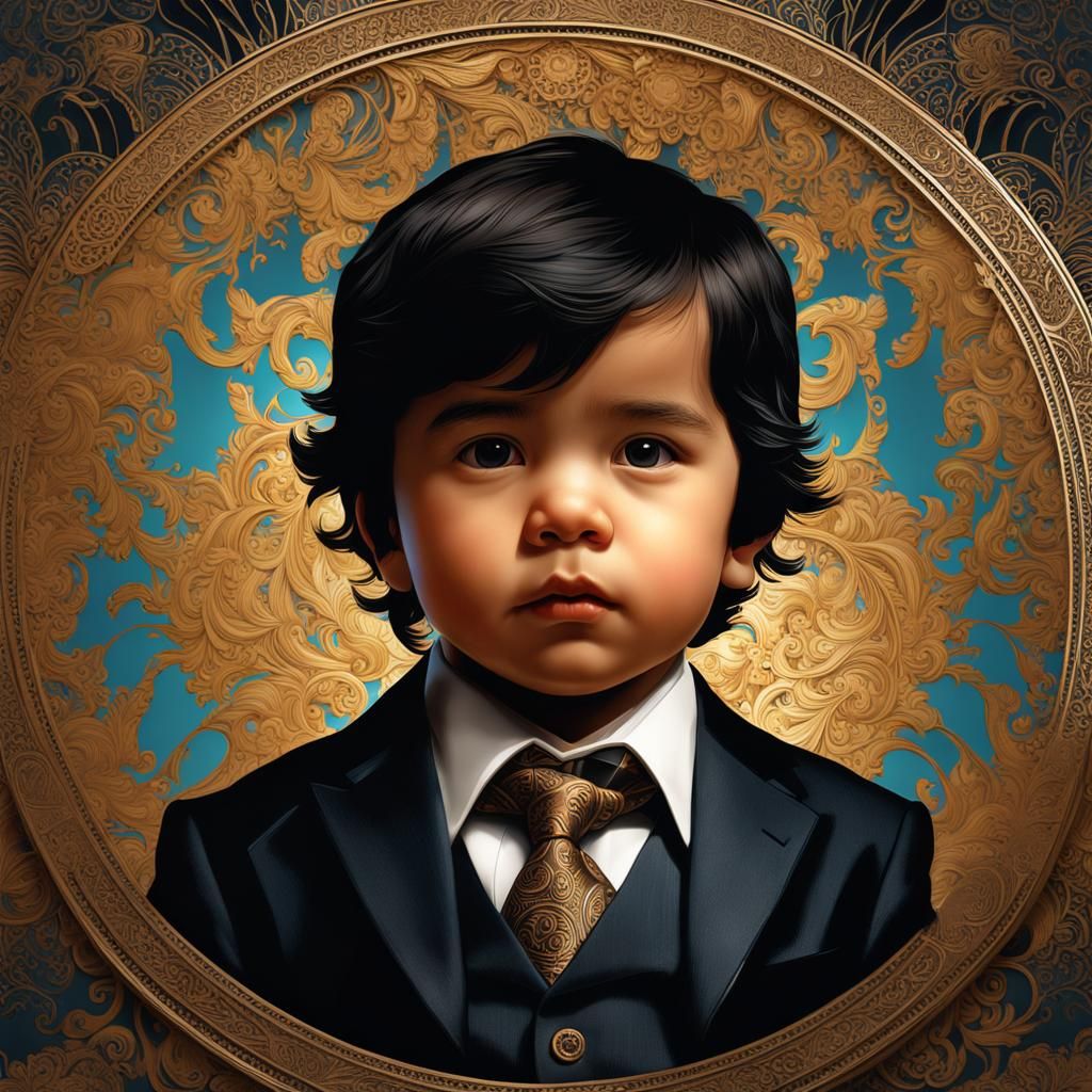 1 infant baby year old Hispanic boy with black hair  :: chubby, overweight :: suit :: shoulder up portrait :: highly int...