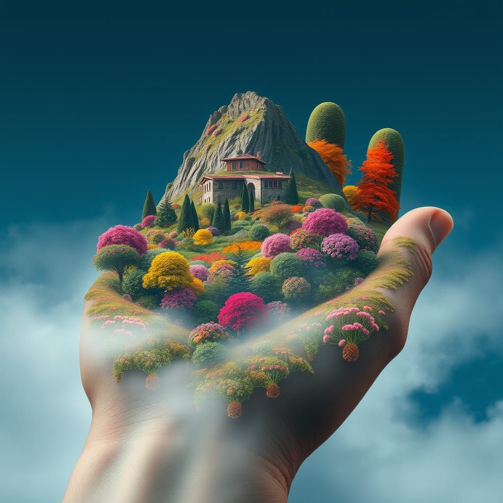 Dreamy Surreal Landscape of a Hand-Shaped Mountain in Vibran...