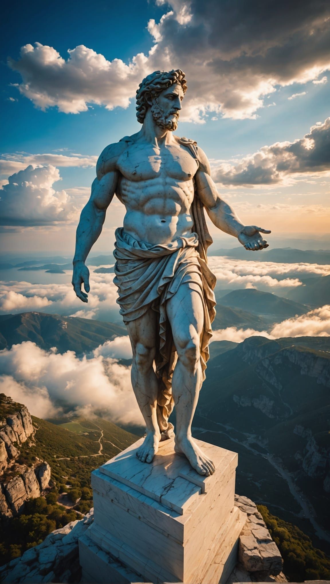 Colossal Greek God Statue Reaching from Clouds