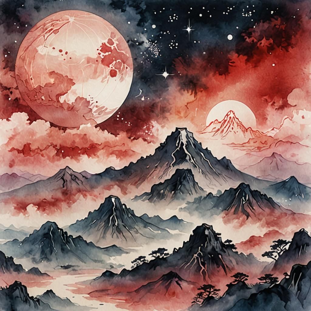 Crimson Mountain Silhouette in Sumi-e Style