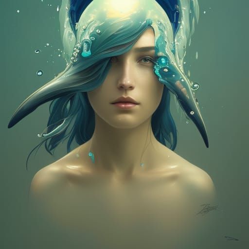 Dolphin-Headed Woman Portrait in Blue Ocean