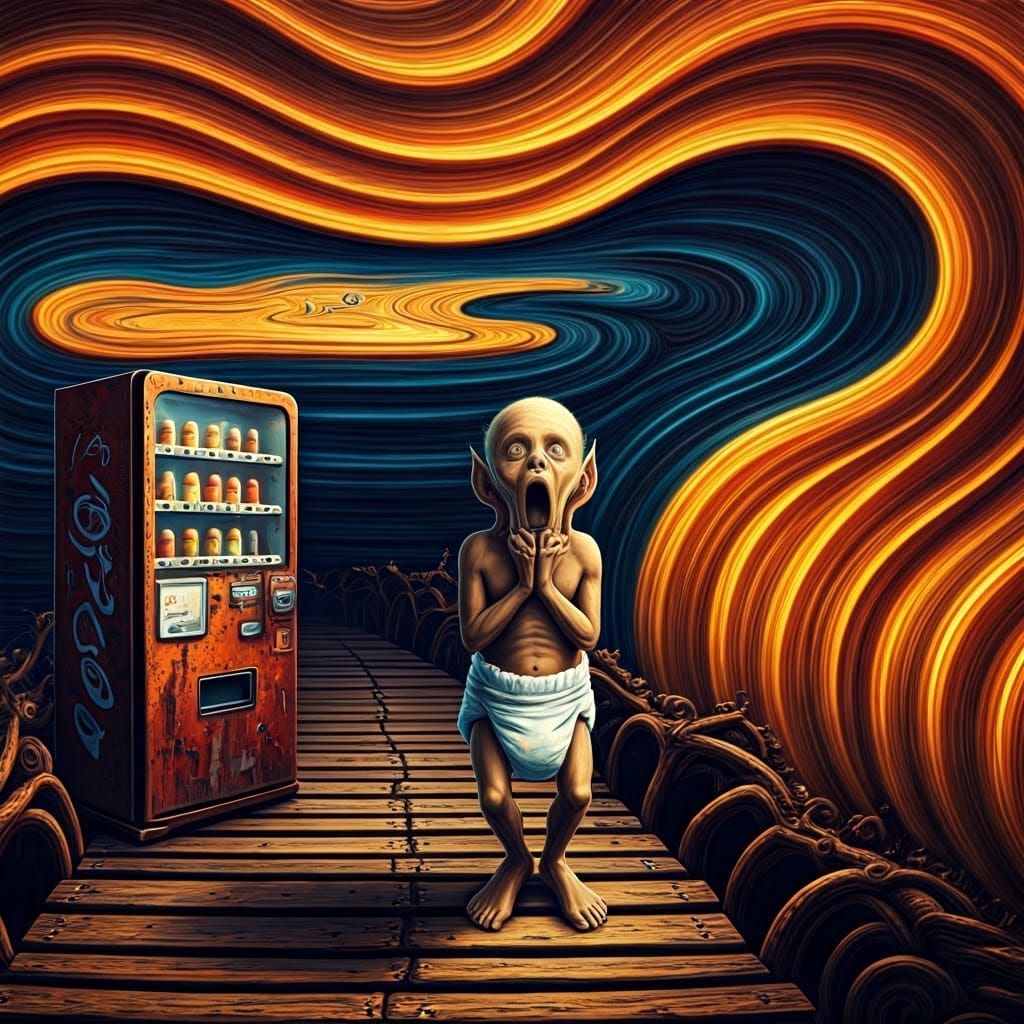 Screaming Figure Confronts Giant on Twisted Bridge