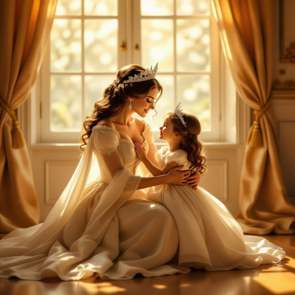 Regal Queen Embraces Joyful Princess in Sunlit Room