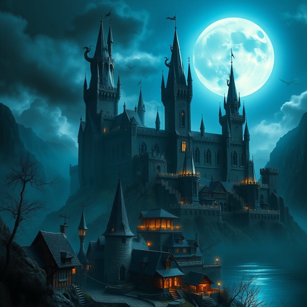 Majestic Dark Fantasy Castle by Moonlight