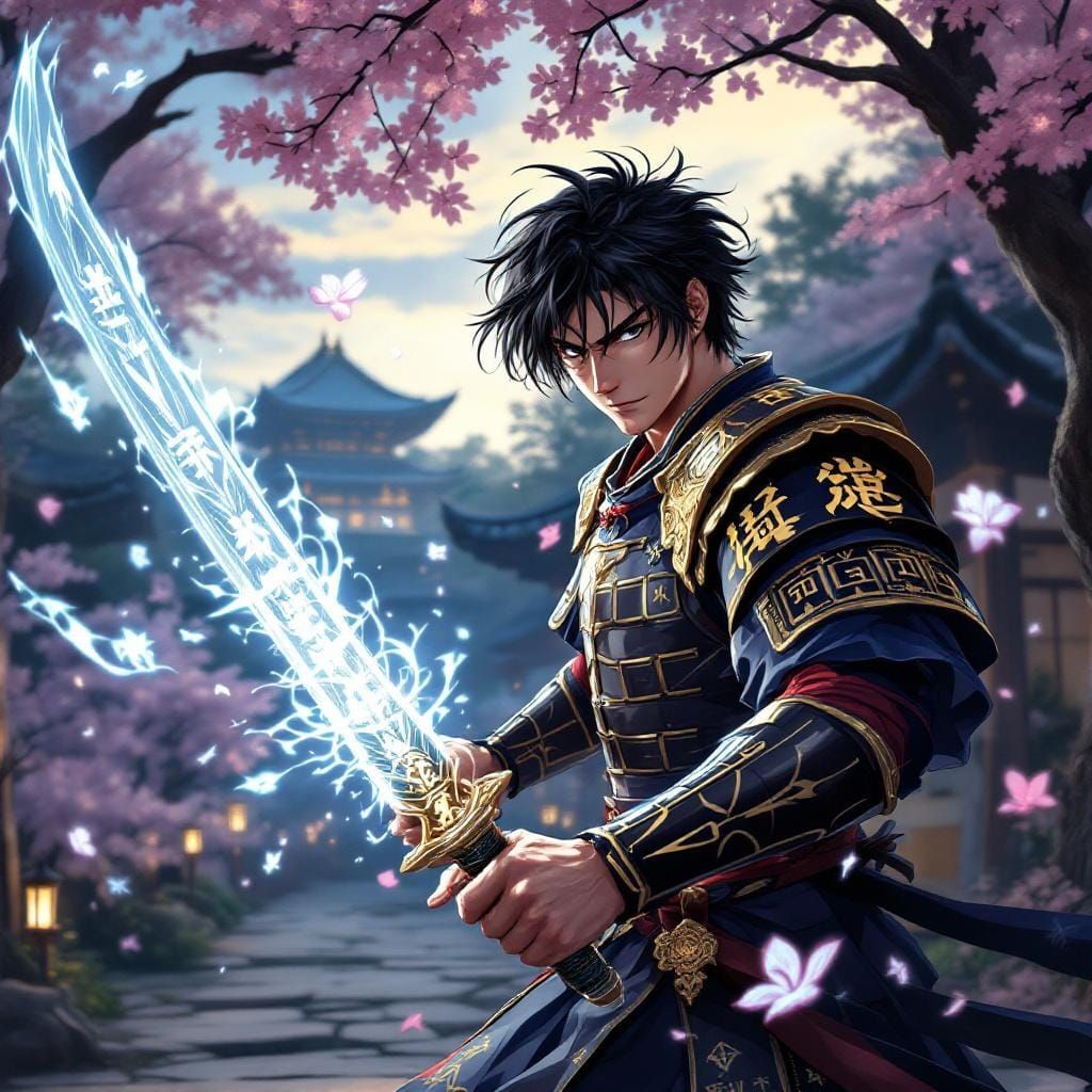 Anime Samurai with Magical Katana in Twilight Garden
