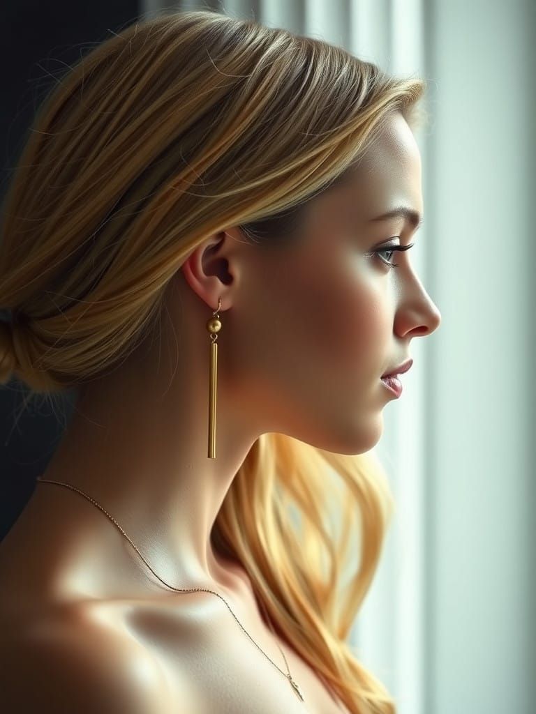 Elegant Woman with Golden Hair and Earrings in Profile