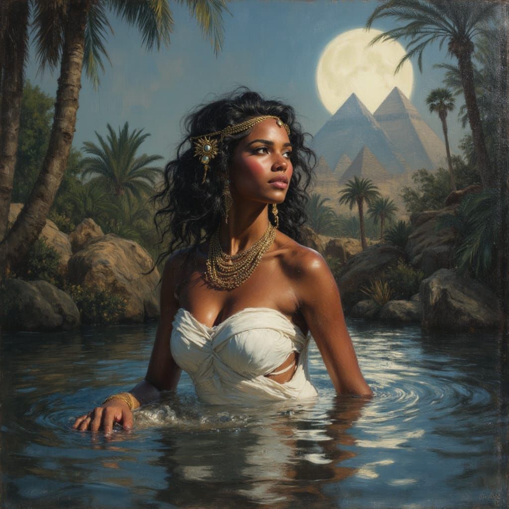 African Goddess Bathes in Nile River Under Full Moon