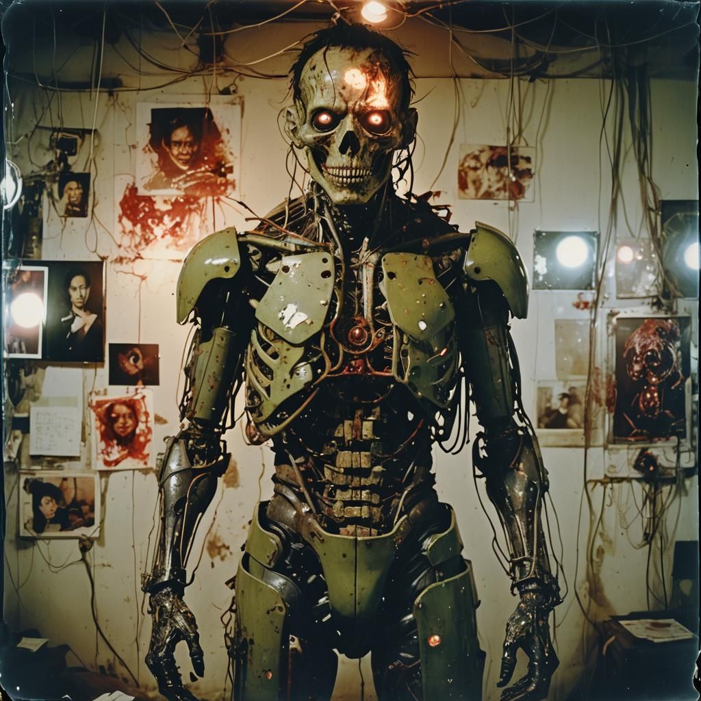 Body-Horror Cyborg in Liminal Space, Polaroid Style