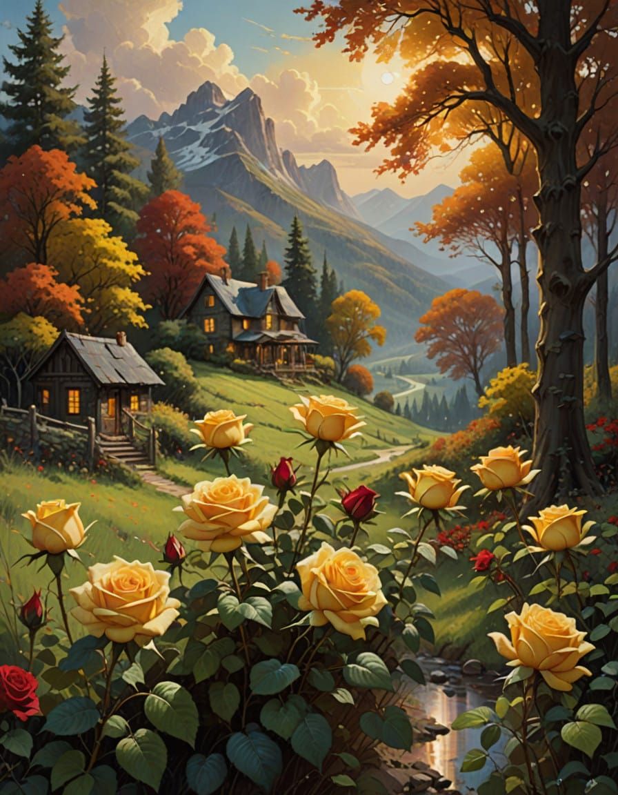 Hyper-Realistic Oil Painting of Vibrant Roses in Autumn Land...