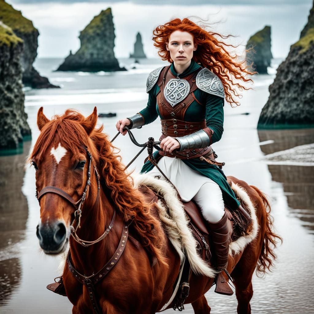 Viking Girl on White Horse at Beach