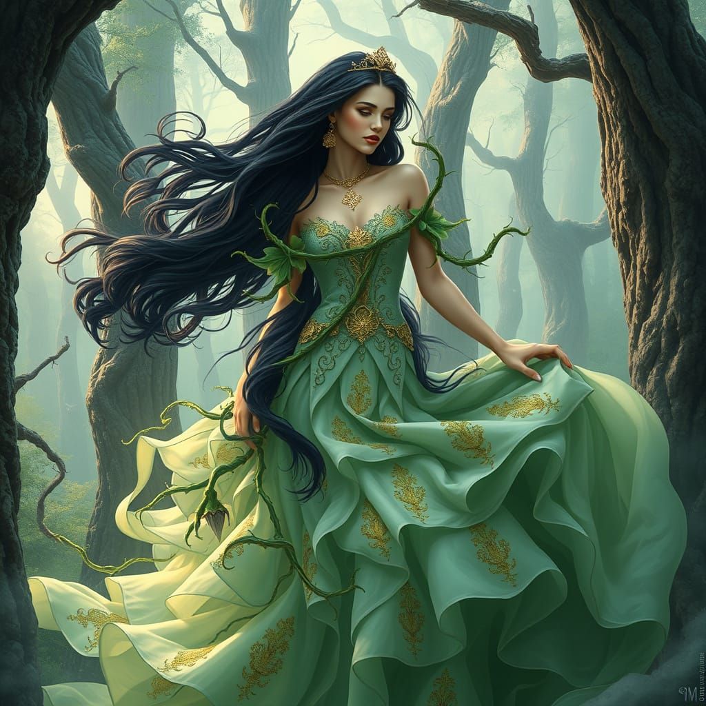 Mystical Princess Amidst a Whimsical Forest in Fantasy Art S...