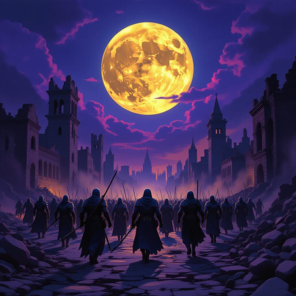 Undead Army Marches from Ruined City Under Full Moon