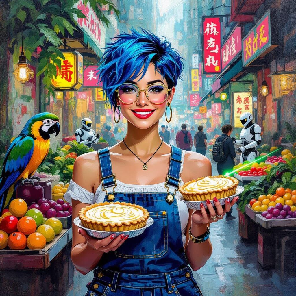 Cyberpunk Woman with Pie in Impressionistic Style