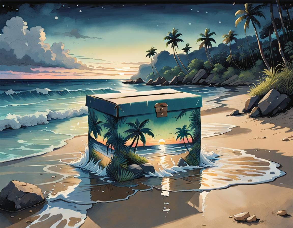 Box Washed Ashore: Manga Style Gouache Painting