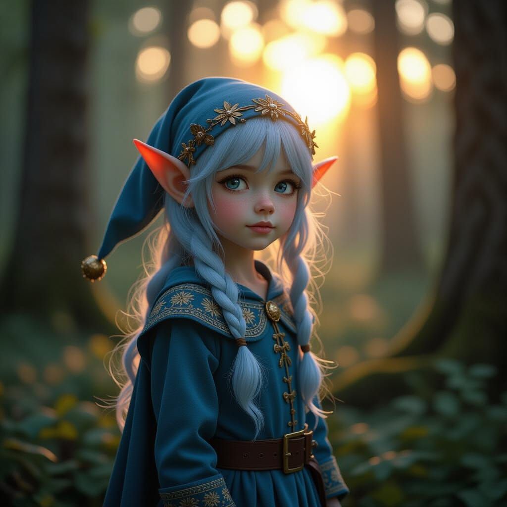 Blue Elf Girl in Forest Dawn: Digital Matte Painting