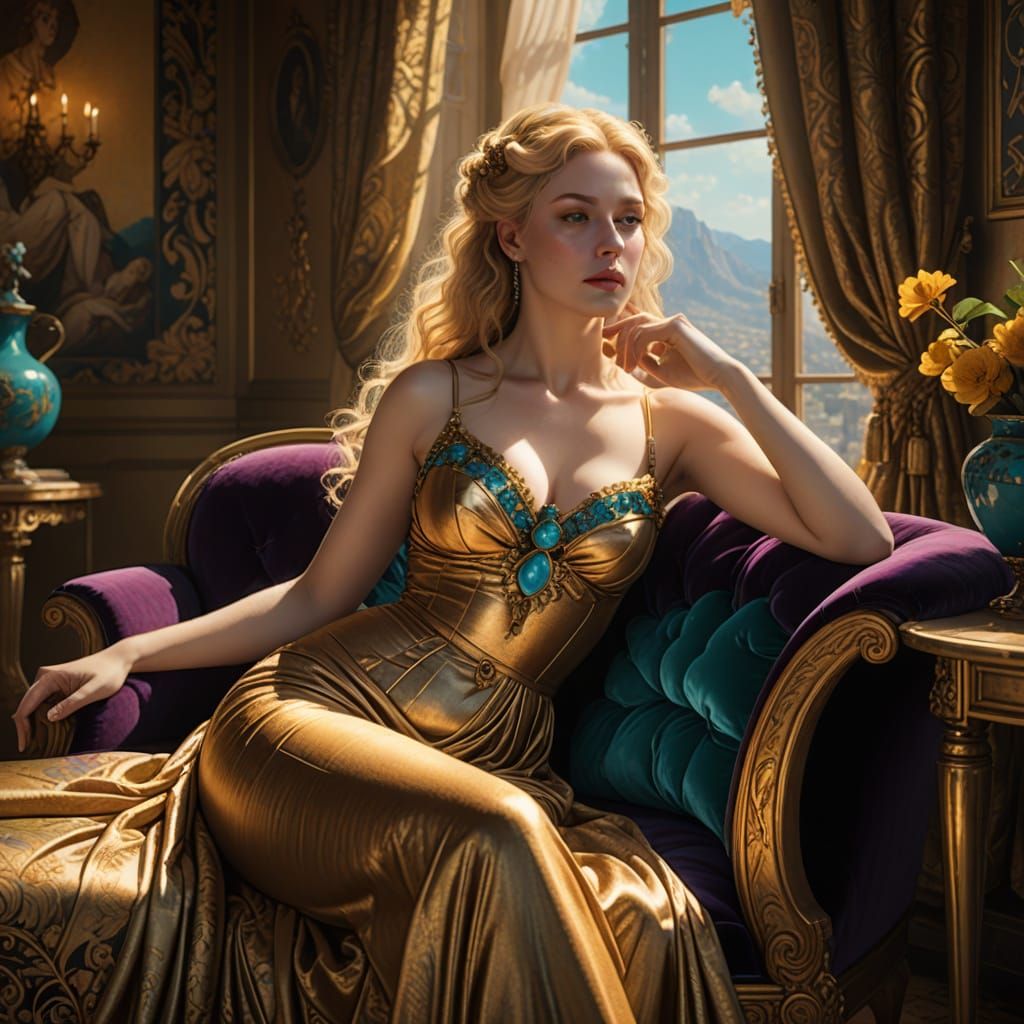 Elegant Blonde Woman in Sun-Drenched Boudoir