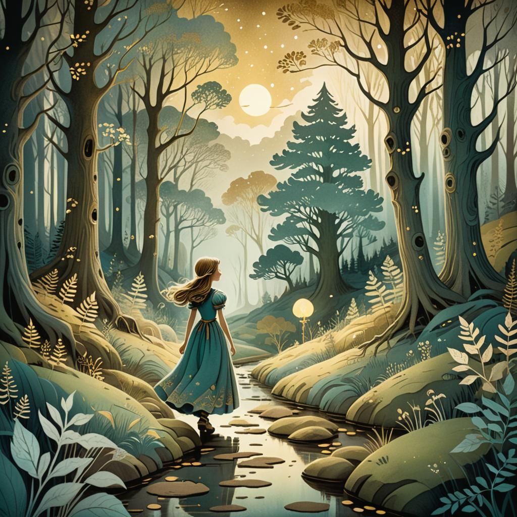 Romantic  Fantasy Landscape Walking through the forest