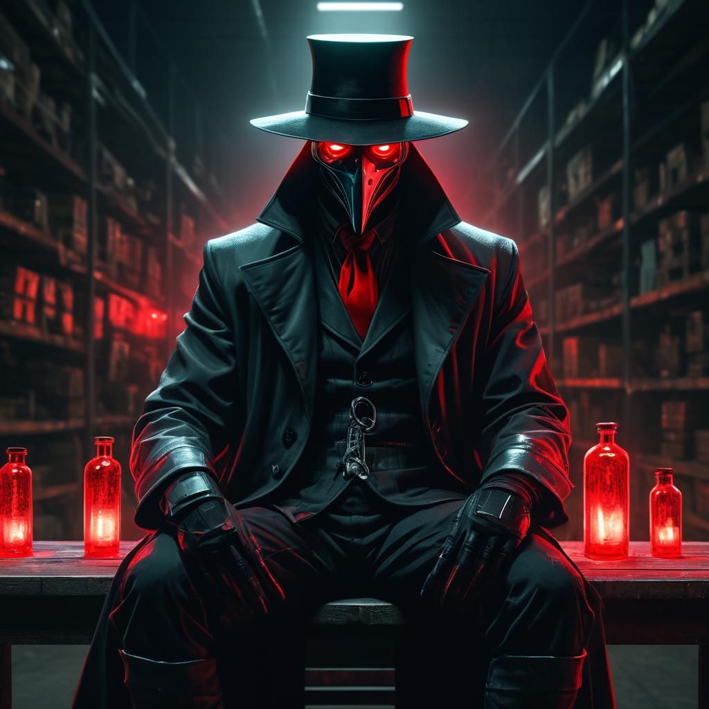 Creepy Plague Doctor Supervillain in Noir Warehouse