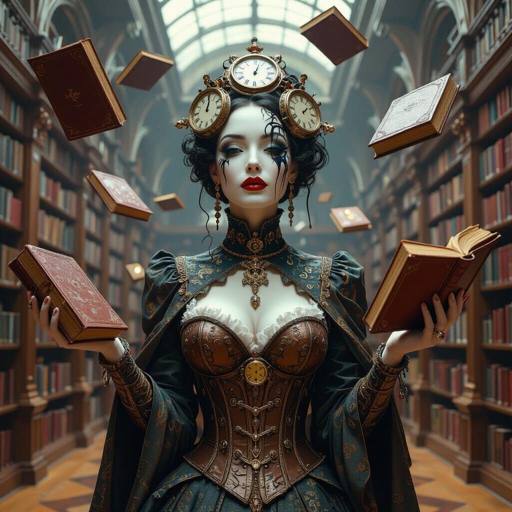 Surreal Woman in Library as Dreamscape