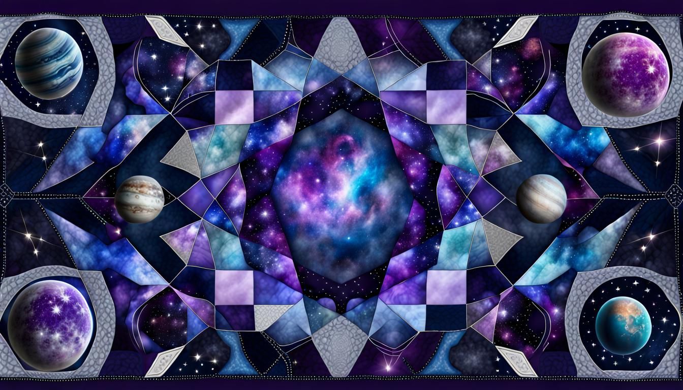 patchwork quilt with space design, stars, nebulas, planets, ...
