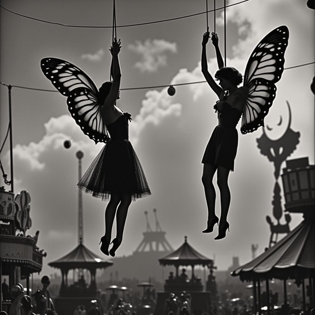 Vintage Surreal Zipline Riders with Butterfly Wings