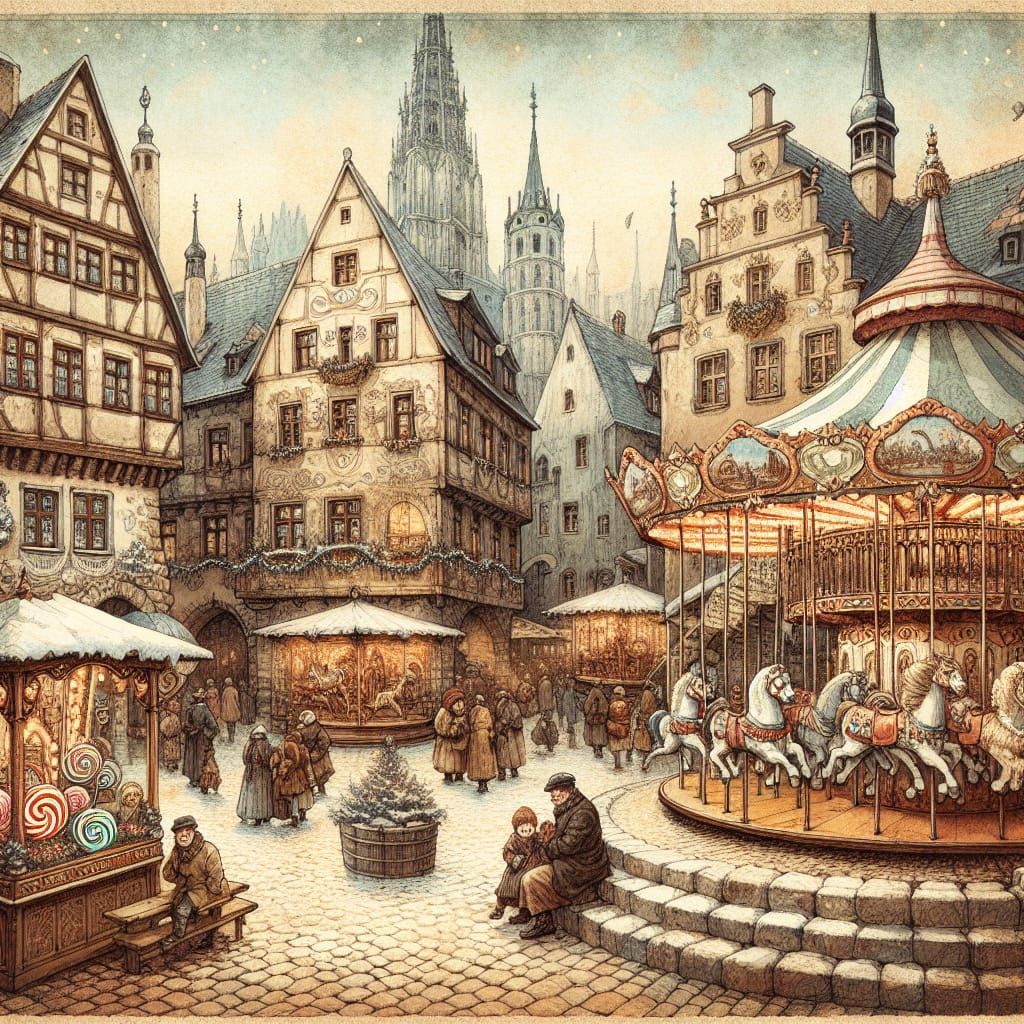 Whimsical German Winter Scene in Folk-Art Style