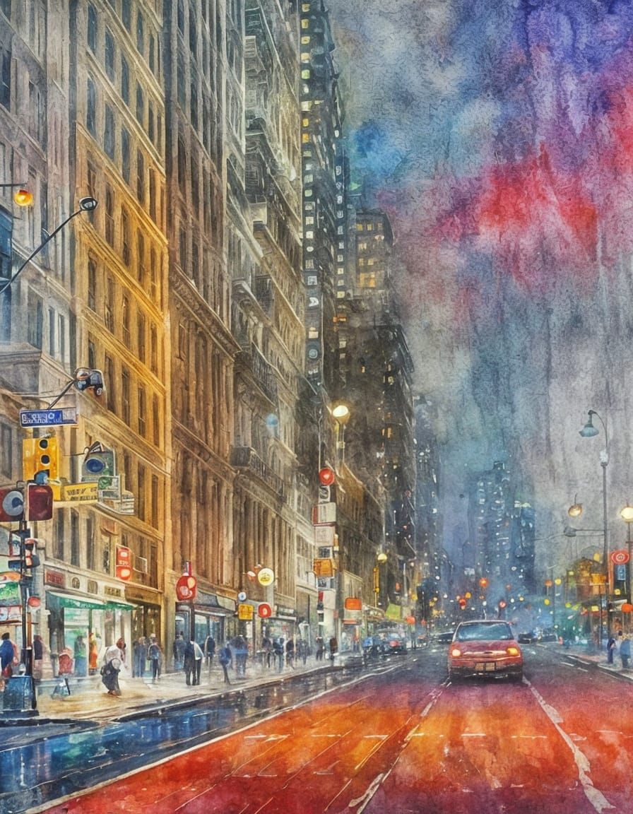 New York City Street in Watercolor Mixed Media