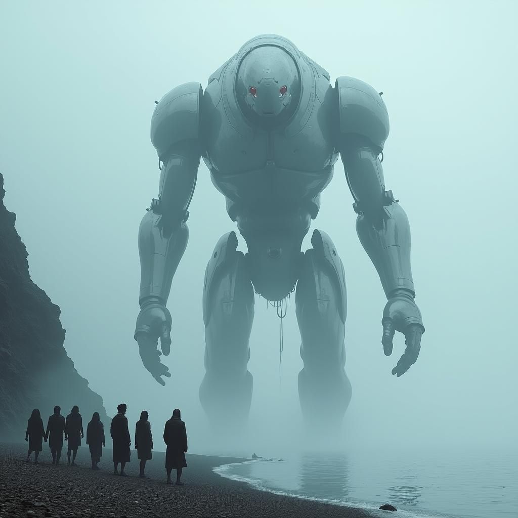 Gigantic Robot Dominates Mystical Shoreline Landscape