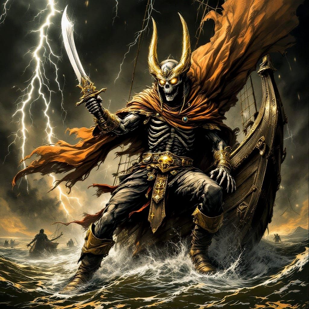 Epic Egyptian Pirate Ship Under Stormy Skies