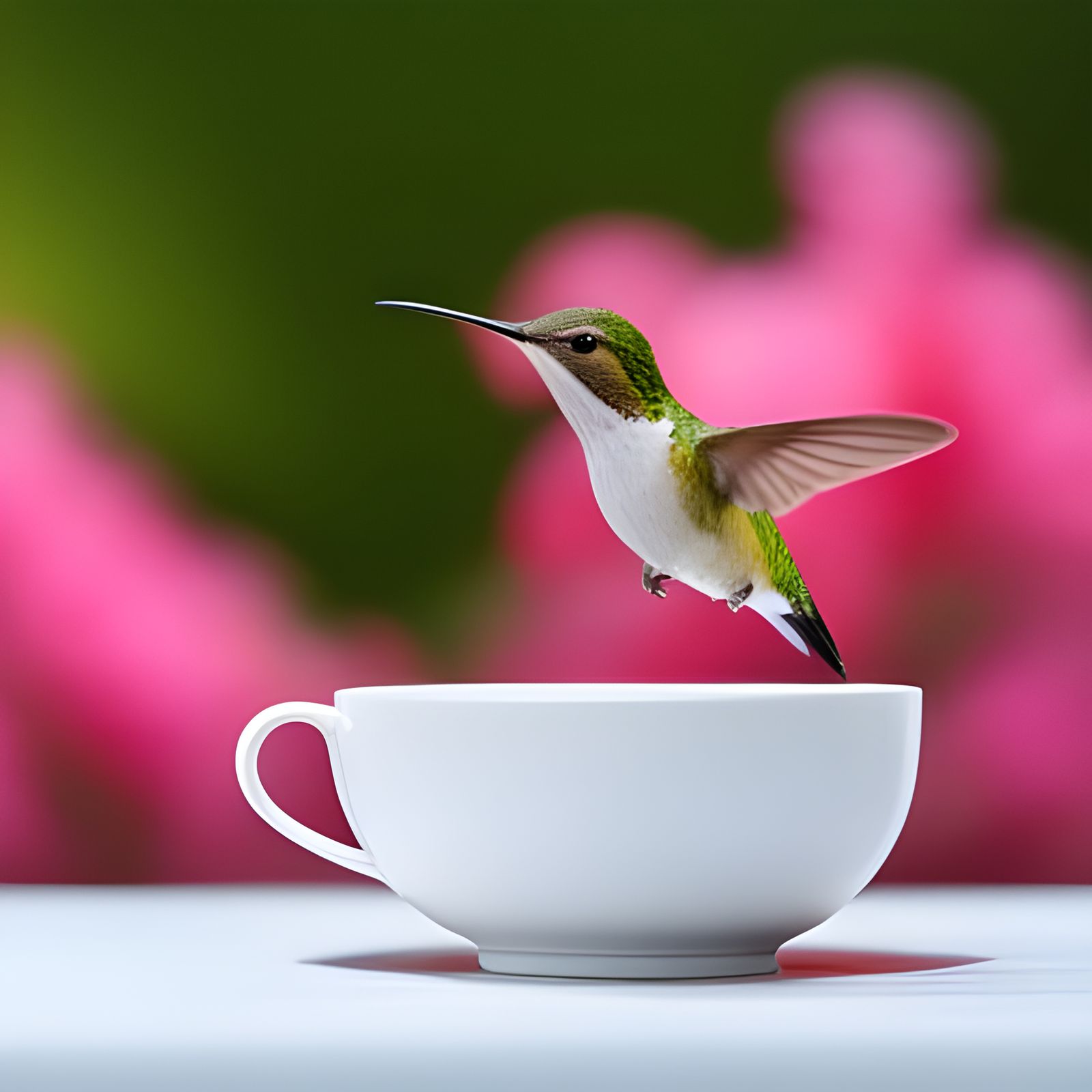 Hummingbird Sipping Nectar from Teacup in Garden