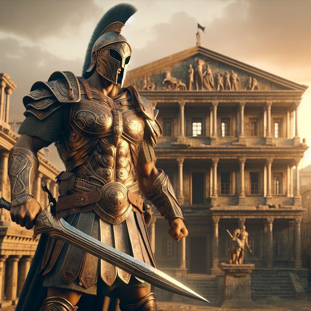Bronze-Age Warrior in Classical City Sunset