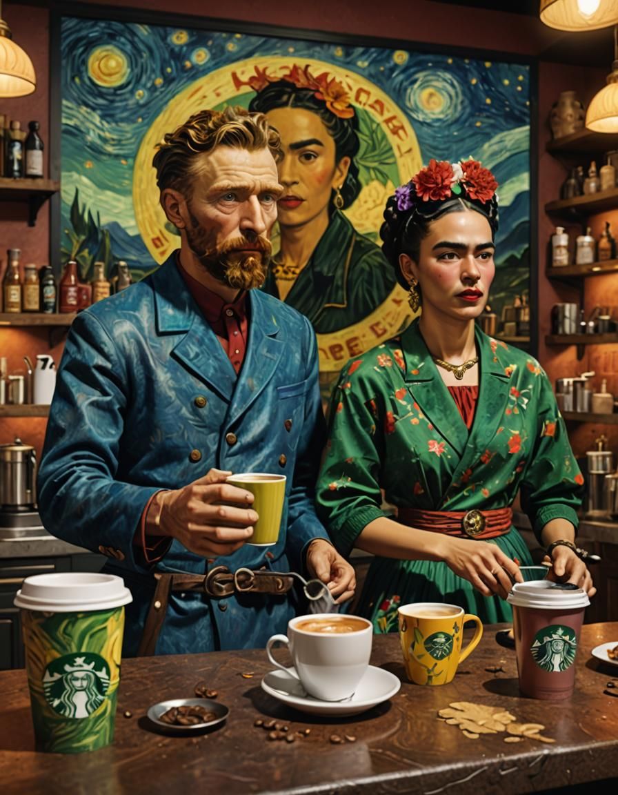 Van Gogh and Frida Kahlo at Starbucks