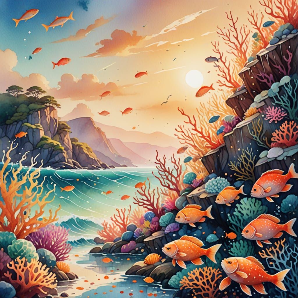 Vibrant Watercolour Underwater Scene with Coral and Marine L...