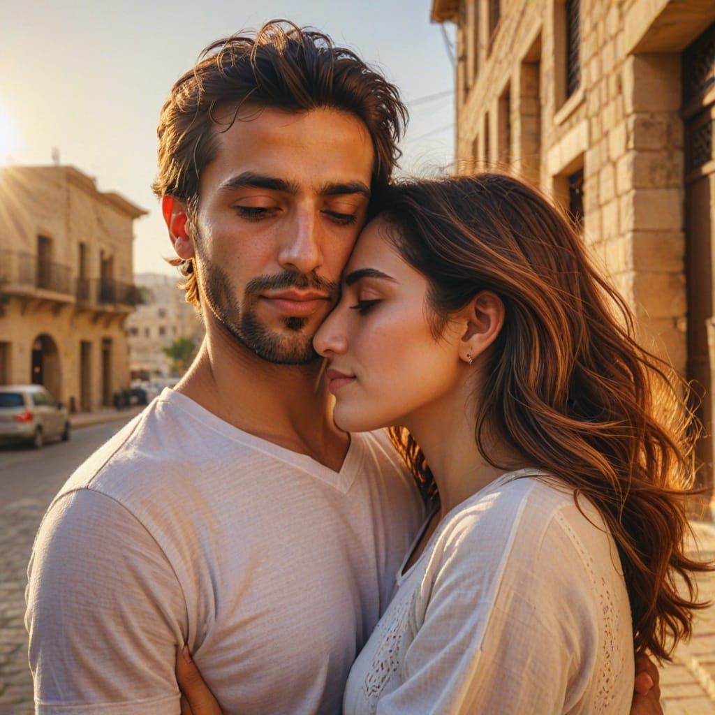 Romantic Embrace in Lebanon: Digital Oil Painting