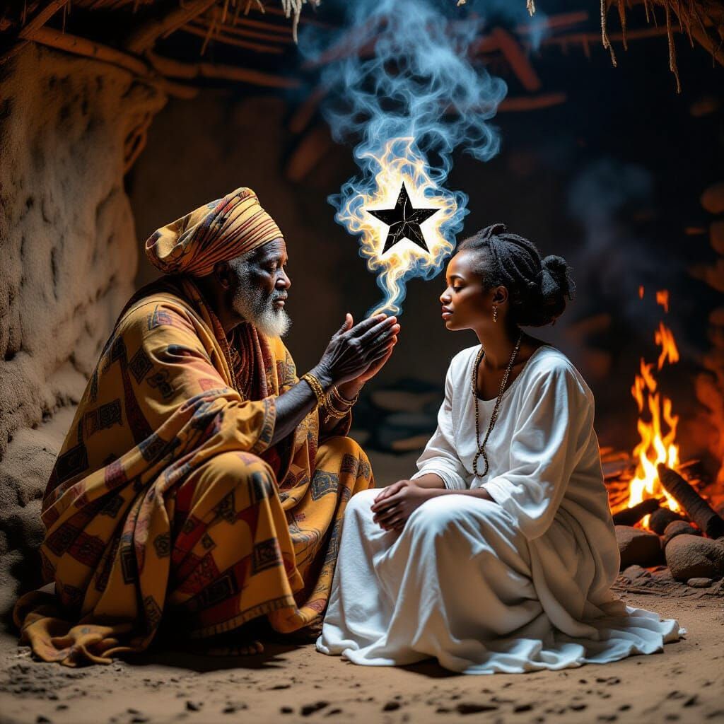 Mystical Oracle Touches Forehead in Dimly Lit Hut