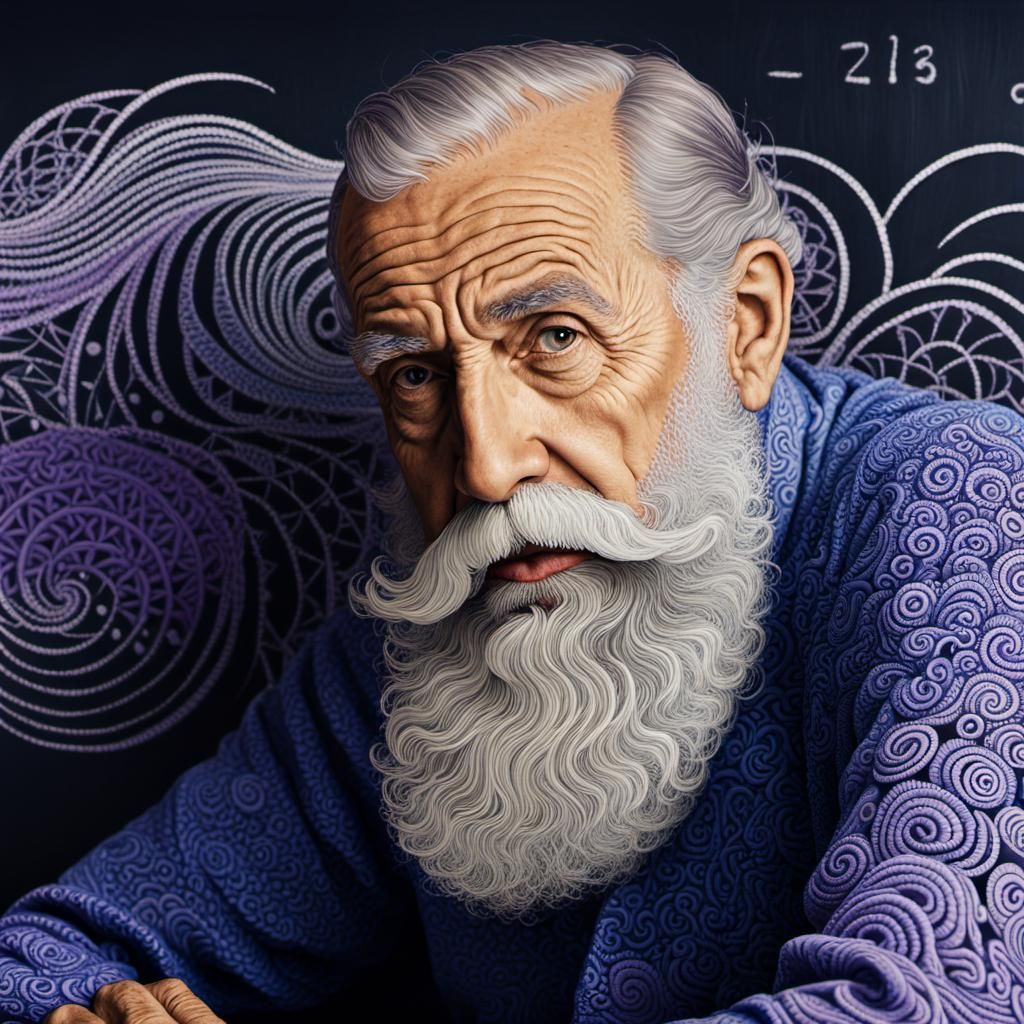 Pointillist Old Man with Zentangle Beard and Equations