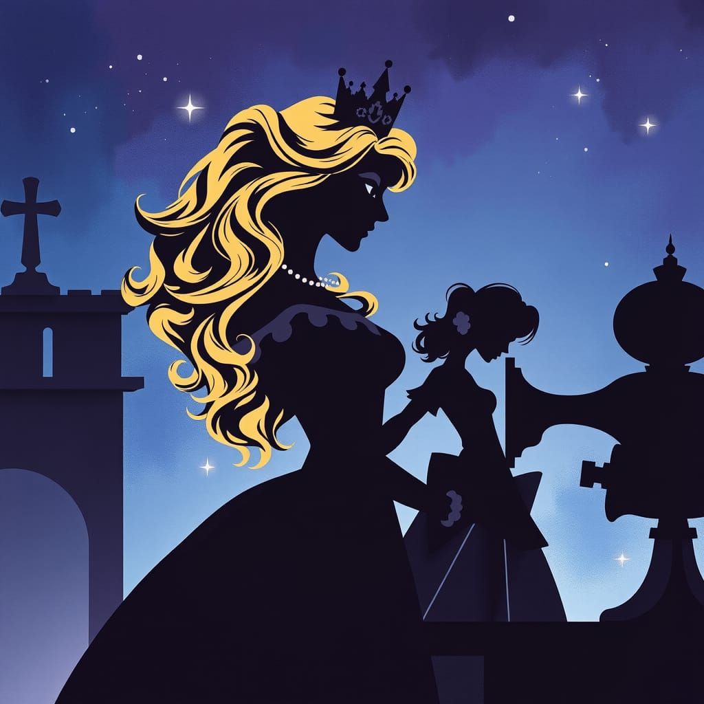 Princess and Servant Girl Silhouettes with Watercolor Sky