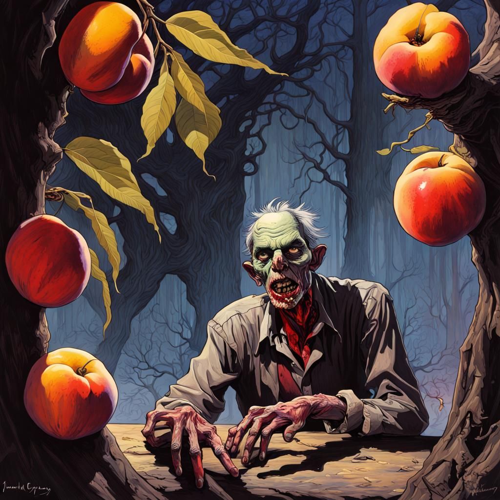 Zombie Face Nectarine in Vivid Oil Painting Style