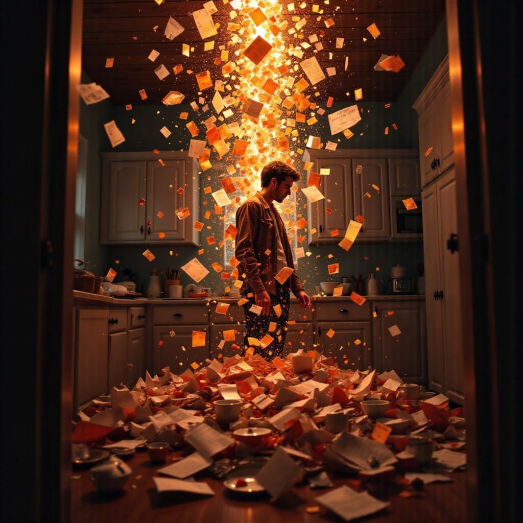 Crystalline Surreal Husband in Cluttered Kitchen