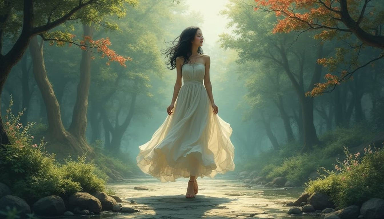 Anime Woman Dancing in Surreal Zen Garden