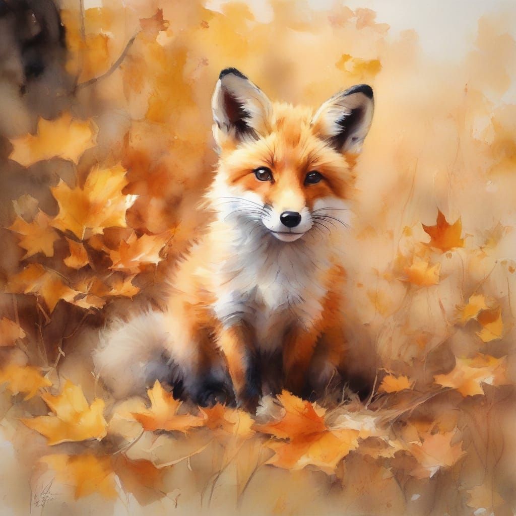 Adorable Fox Kit in Autumn Leaves, Watercolor Realism