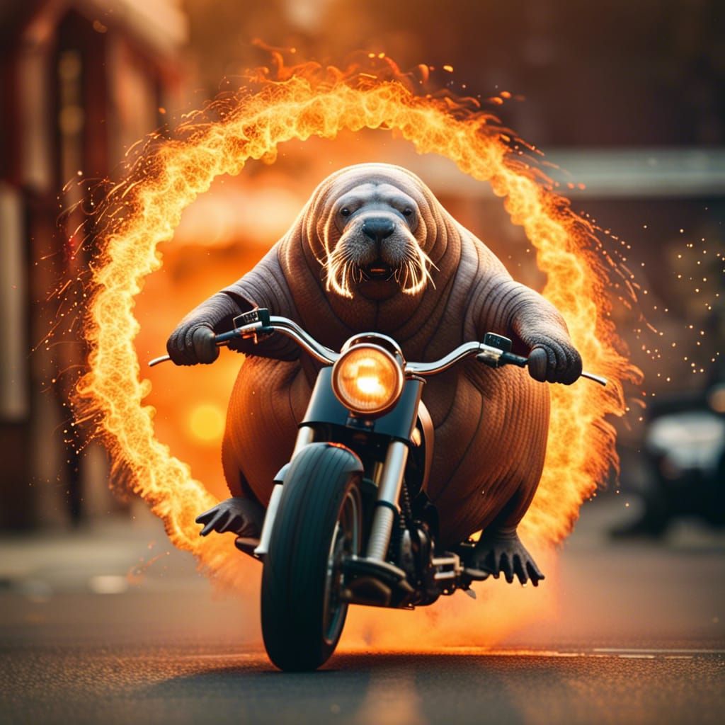 A Majestic Walrus jumping a motorcycle through a ring of fire