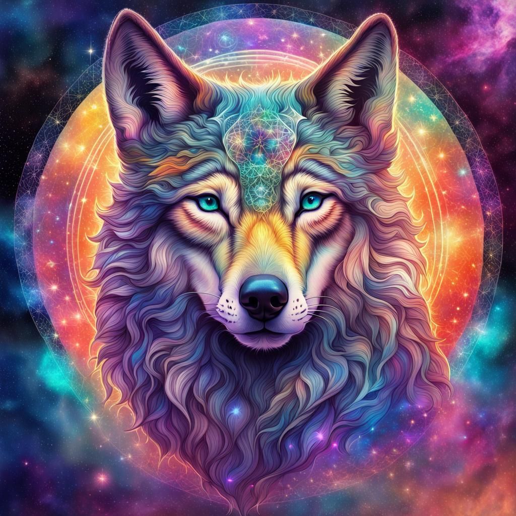 Vibrant Cosmic Wolf in Celestial Astral Illustration