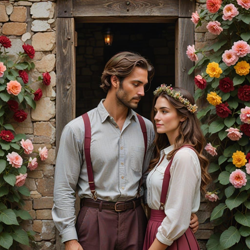 Romantic Couple at Rustic Doorway with Flowers