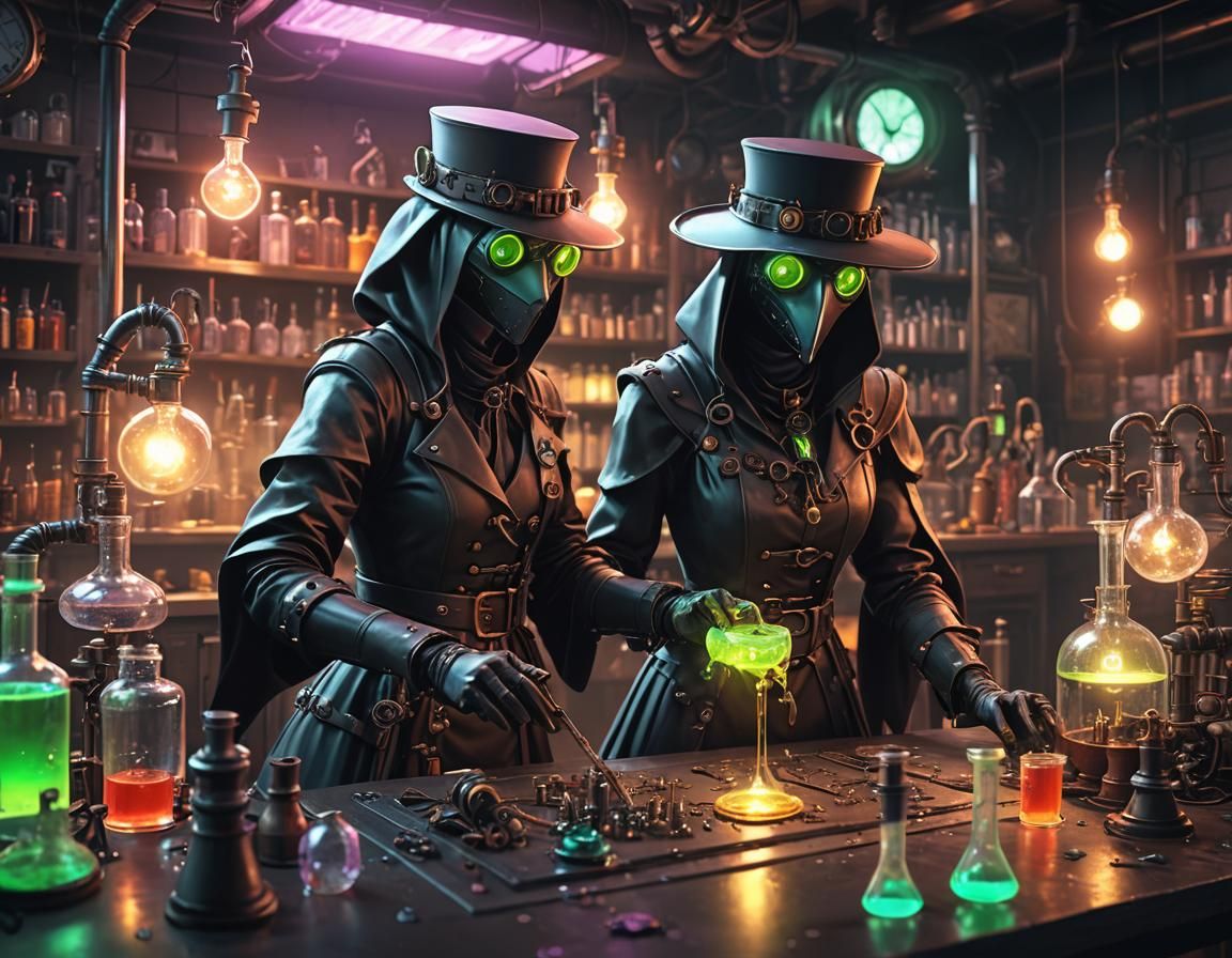 Steampunk Plague Doctor Experiments in Neon Lit Lab
