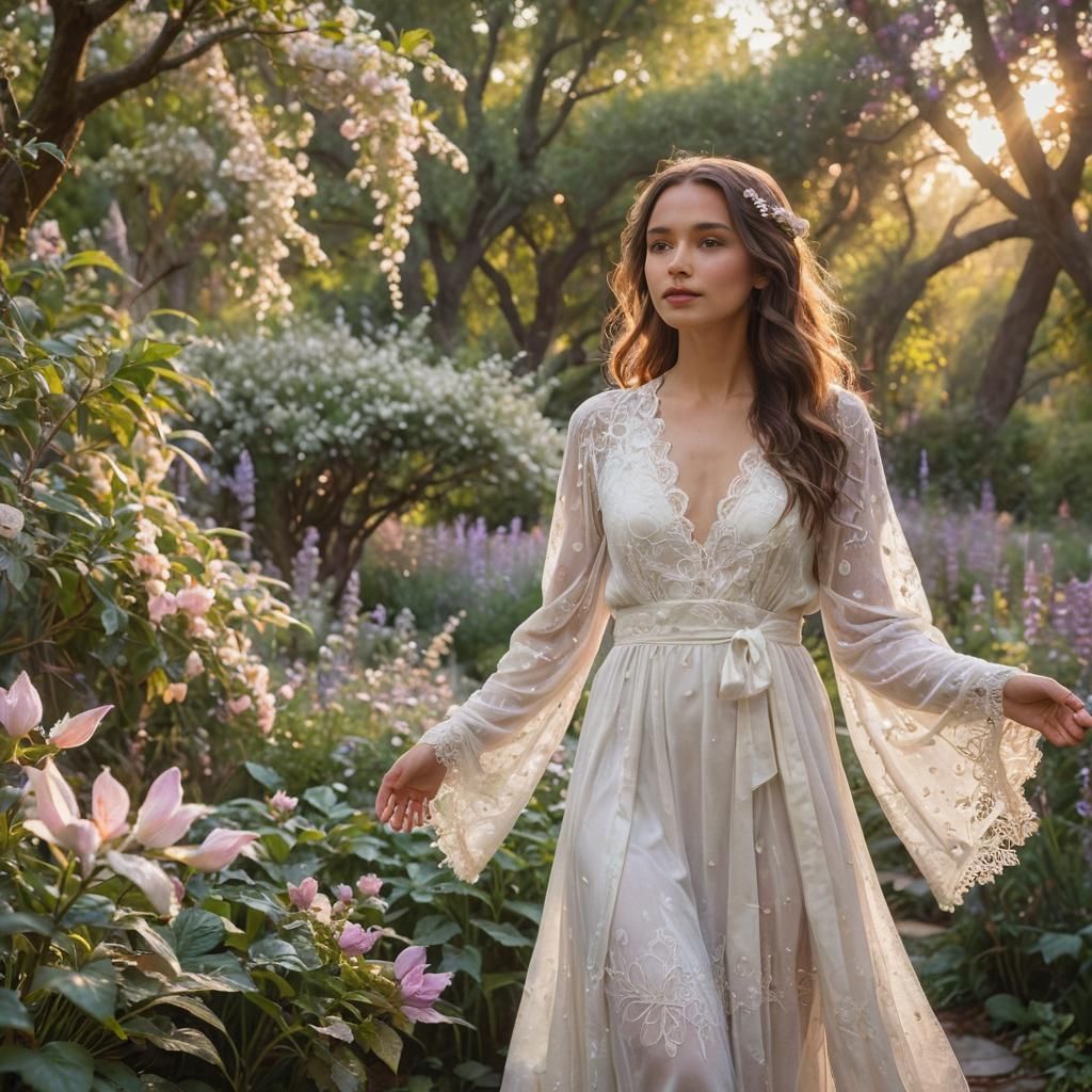 Ethereal Woman in Magical Garden, Impressionistic Style